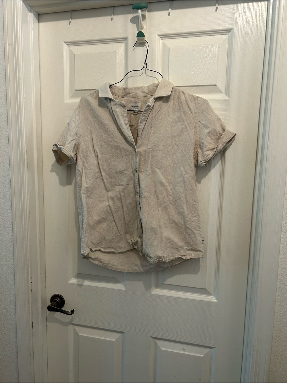 Women’s Short-Sleeve Button-Down Shirt — Light Beige